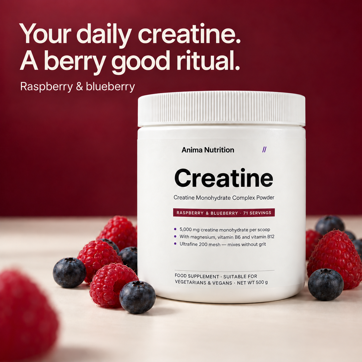 Anima Creatine, raspberry & blueberry, 500 g, image 2