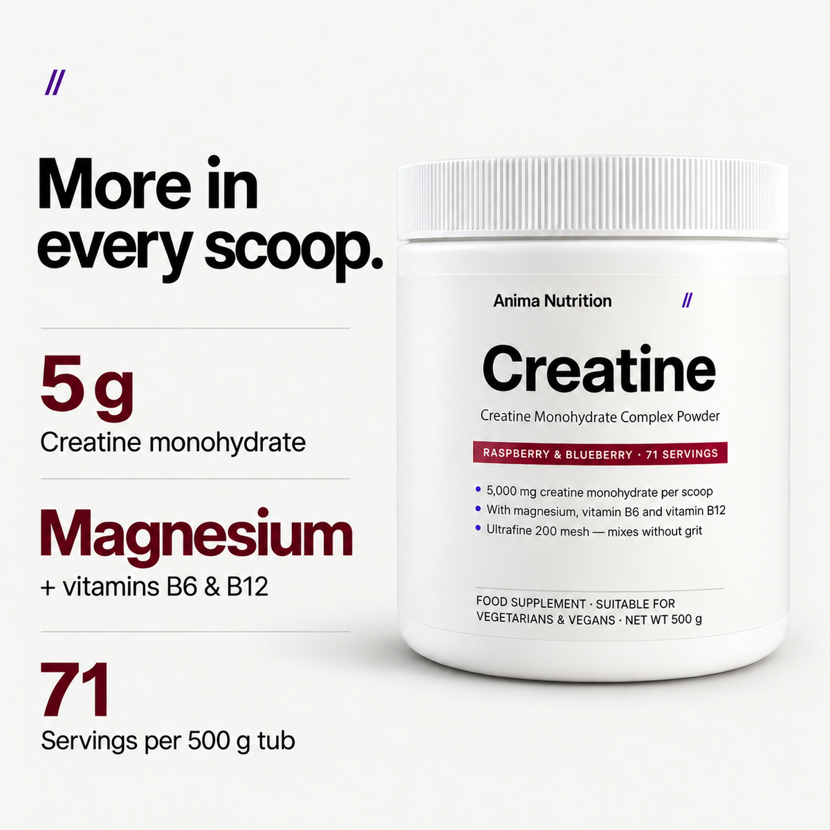 Anima Creatine, raspberry & blueberry, 500 g, image 3