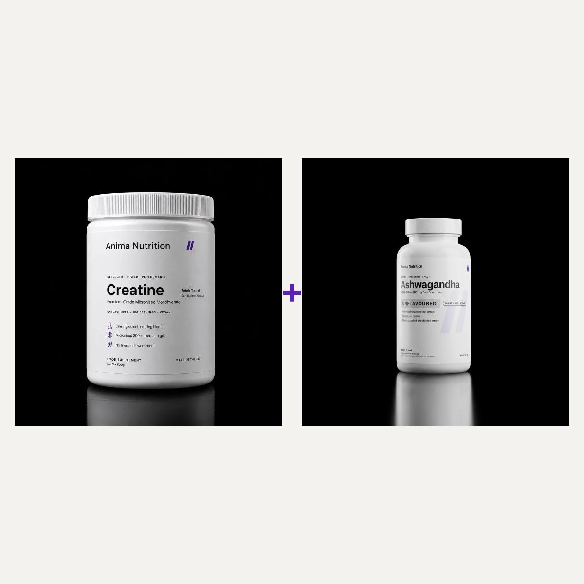 The Creatine + Ashwagandha Stack: Anima creatine 500g tub plus full-spectrum ashwagandha, 90 capsules