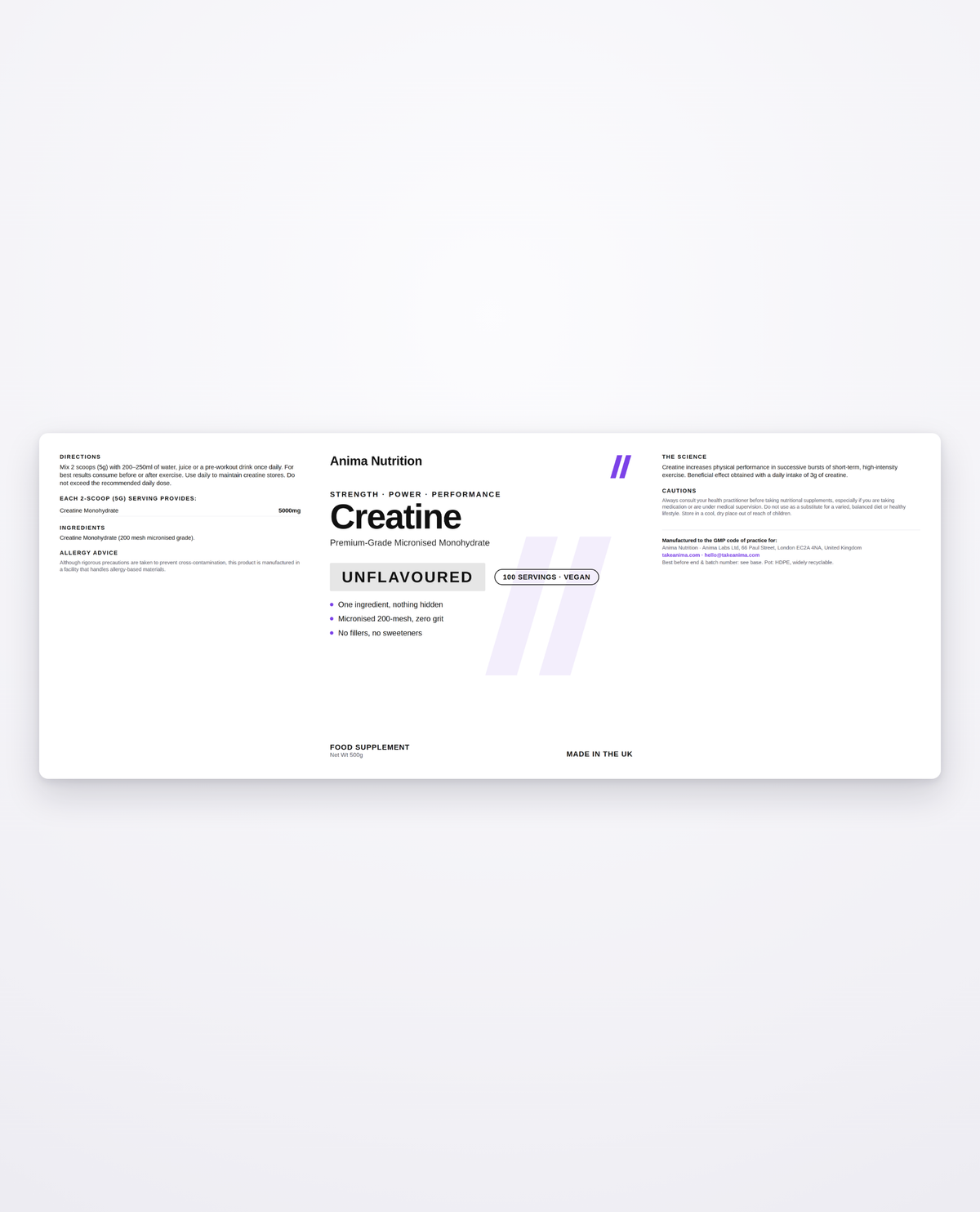 Anima Creatine full label artwork — every dose printed