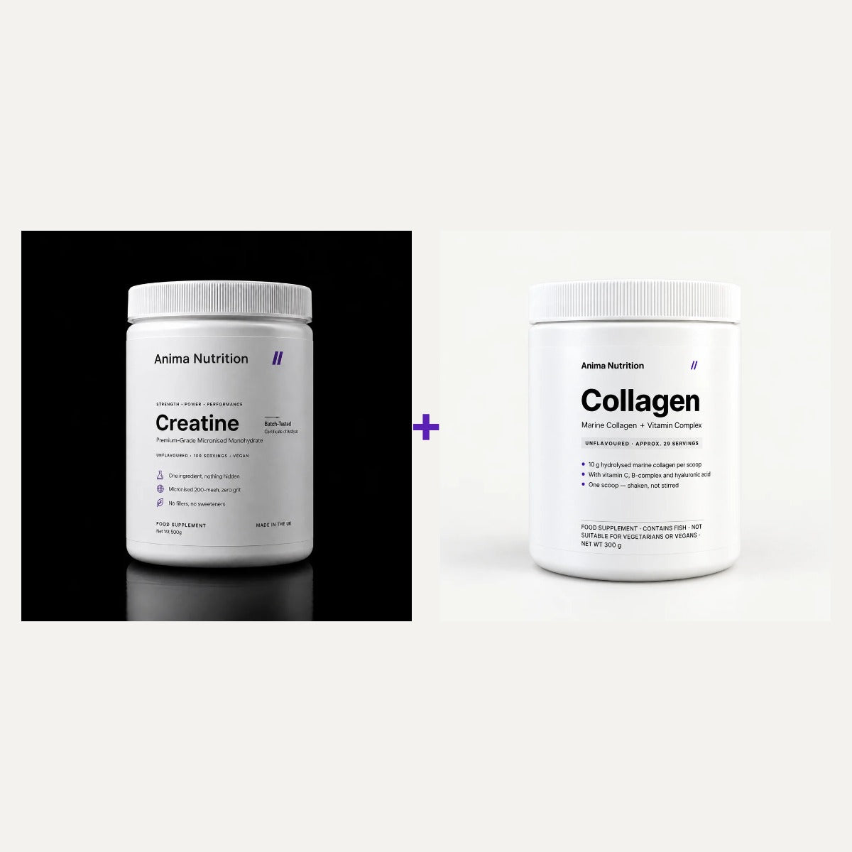 The Performance & Recovery Stack: Anima creatine 500g tub plus marine collagen + vitamin C 300g tub