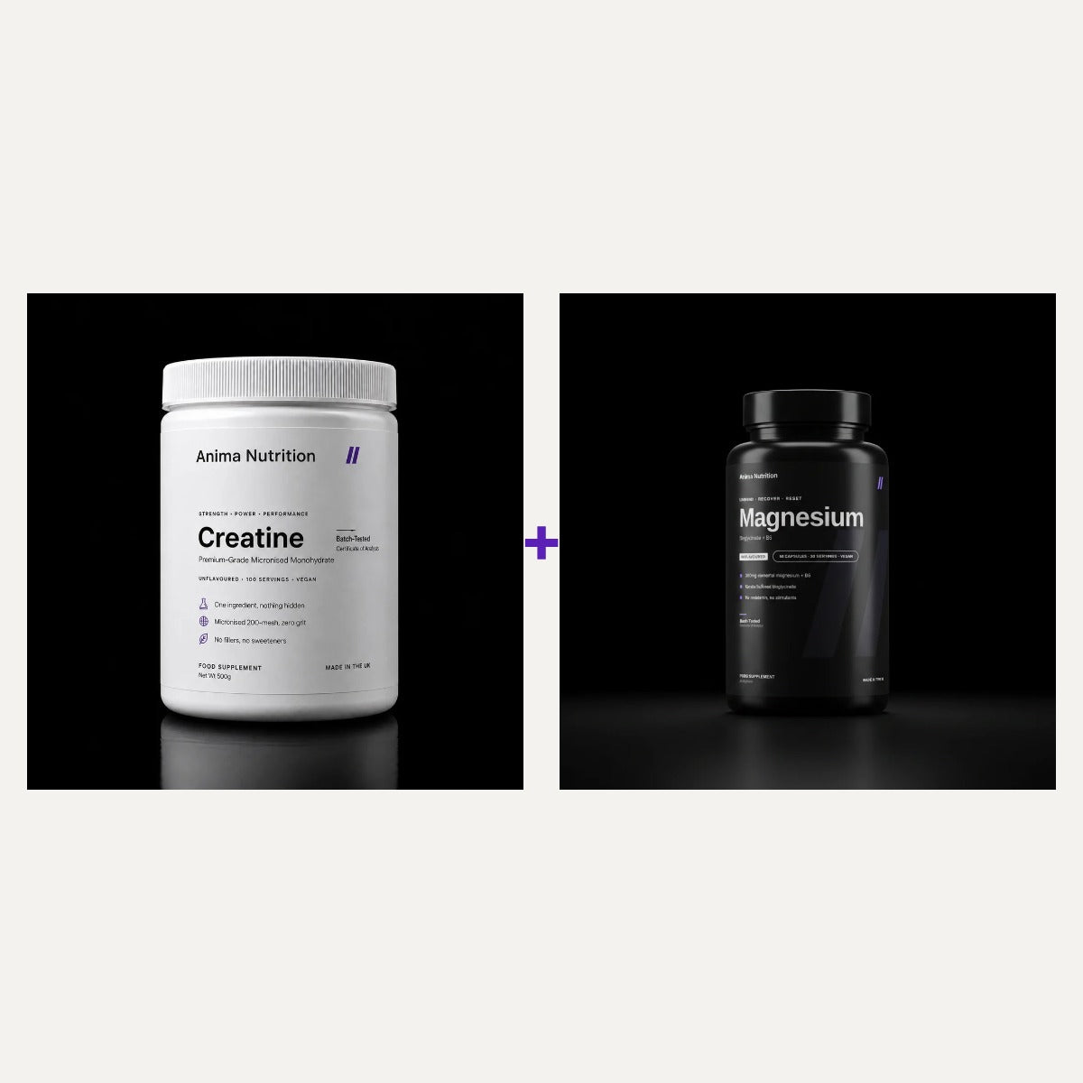 The Rest & Power Stack: Anima creatine 500g tub plus magnesium bisglycinate + B6, 60 capsules